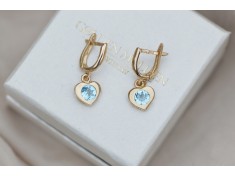 Висящи златни обеци сърца с естествени топази Swiss blue